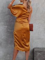 One-Shoulder Satin Wrap Dress with Side Slit - Ladyez