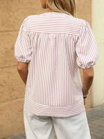 Striped Notched Puff Sleeve Blouse