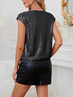 V-Neck Sequin Cap Sleeve Top - Ladyez