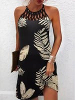 Tropical Leaf Print Halter Neck Mini Dress with Cutout Detail - Ladyez
