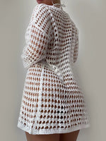 Openwork Boat Neck Long Sleeve Cover-Up - Ladyez