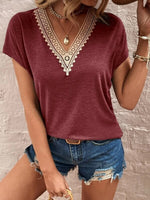 Full Size Lace Detail V-Neck Short Sleeve T-Shirt - Ladyez