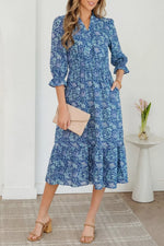Floral Printed Frilled V Neck Bracelet Sleeve Long Dress