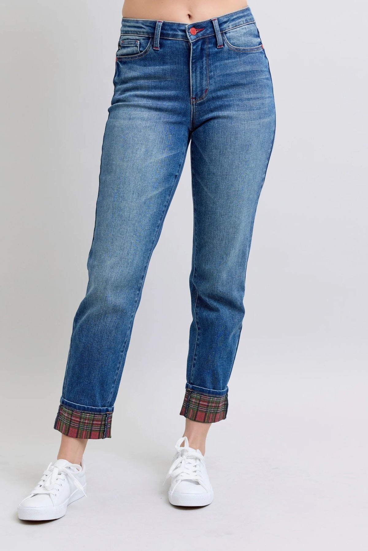 Judy Blue Full Size Mr Plaid Print Cuff Bf Jeans Plus Size - Ladyez