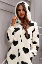 Fuzzy Heart Zip Up Hooded Lounge Jumpsuit - Ladyez