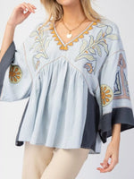 Printed V-Neck Top with Contrast Trim Details