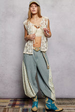POL Tie Front Floral Pattern Crochet Vest with Scalloped Edge
