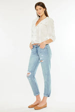 Kancan Mid Rise Distressed Boyfriend Fit Jeans - Ladyez