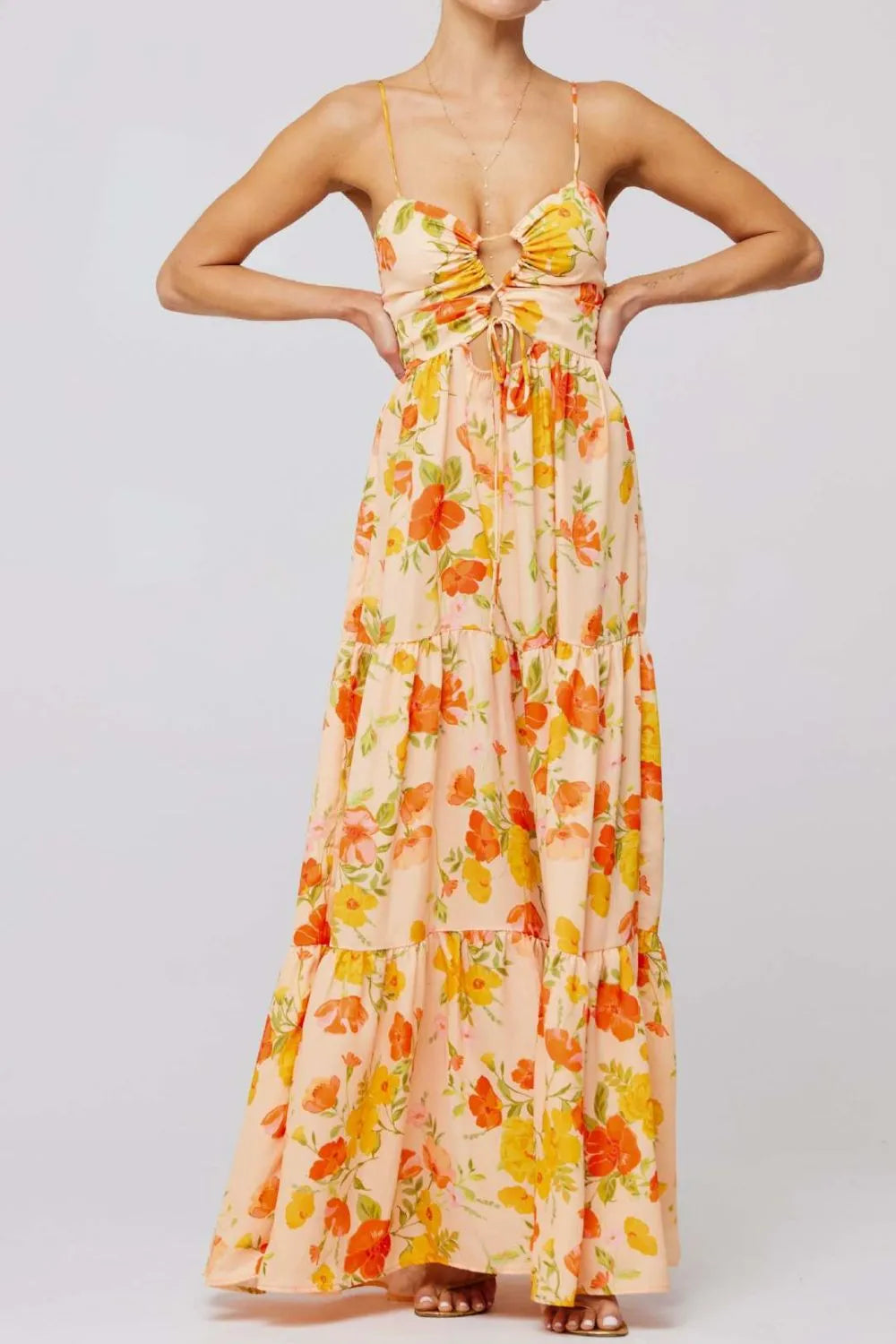 Floral Print Tie Front Tiered Maxi Dress - Ladyez