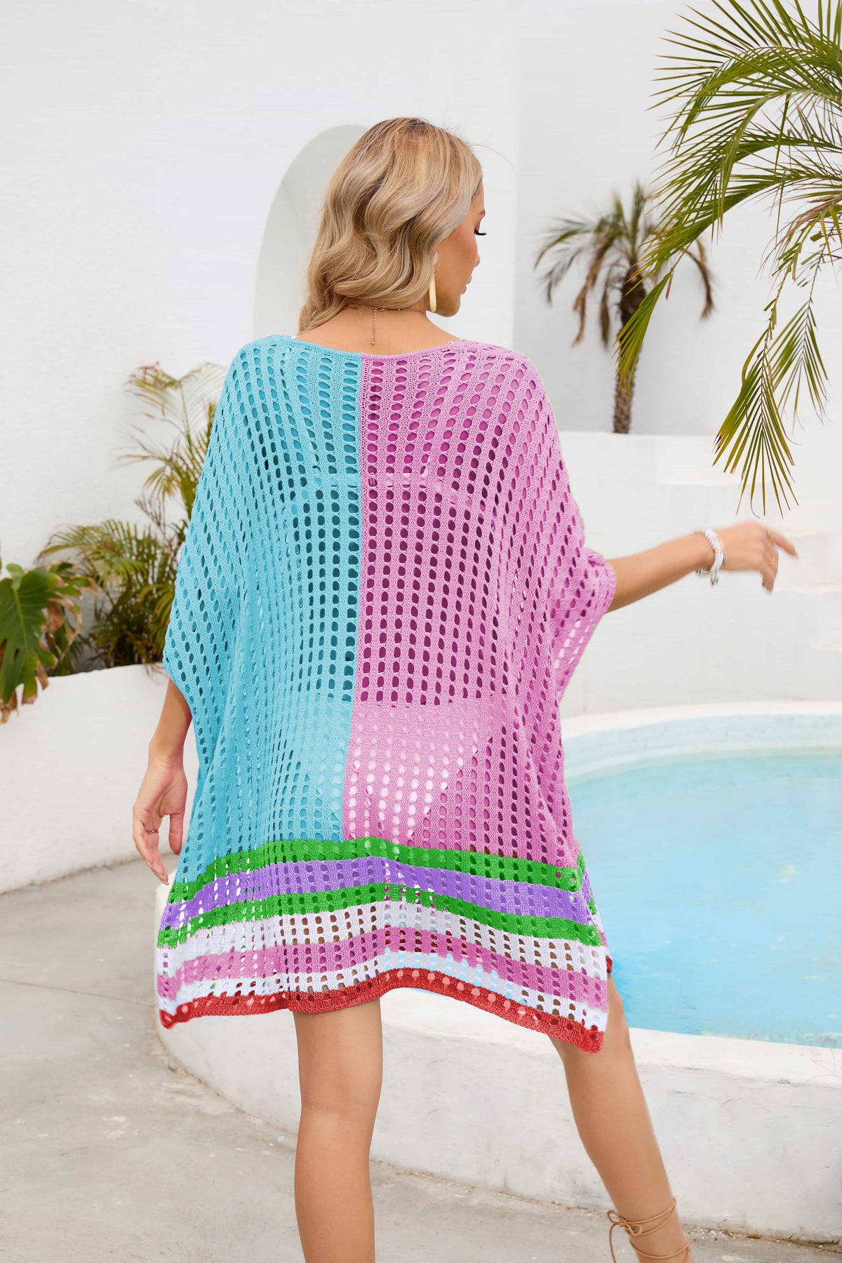 Contrast Scoop Neck Openwork Half Sleeve Cover Up - Ladyez