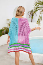 Contrast Scoop Neck Openwork Half Sleeve Cover Up - Ladyez
