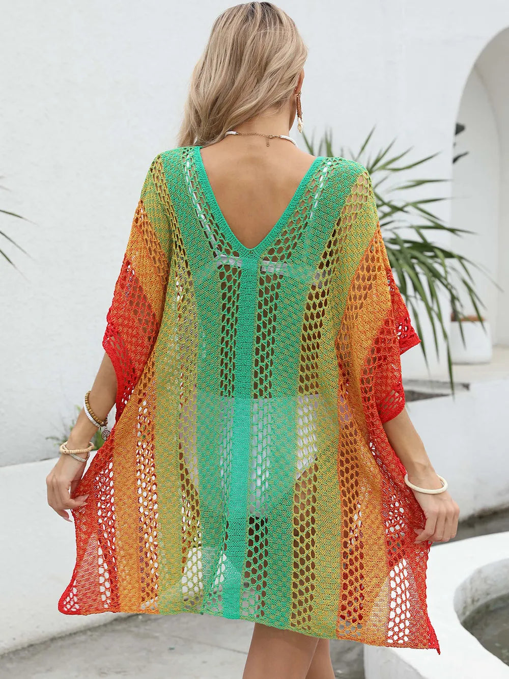 Openwork Contrast V-Neck Cover-Up - Ladyez