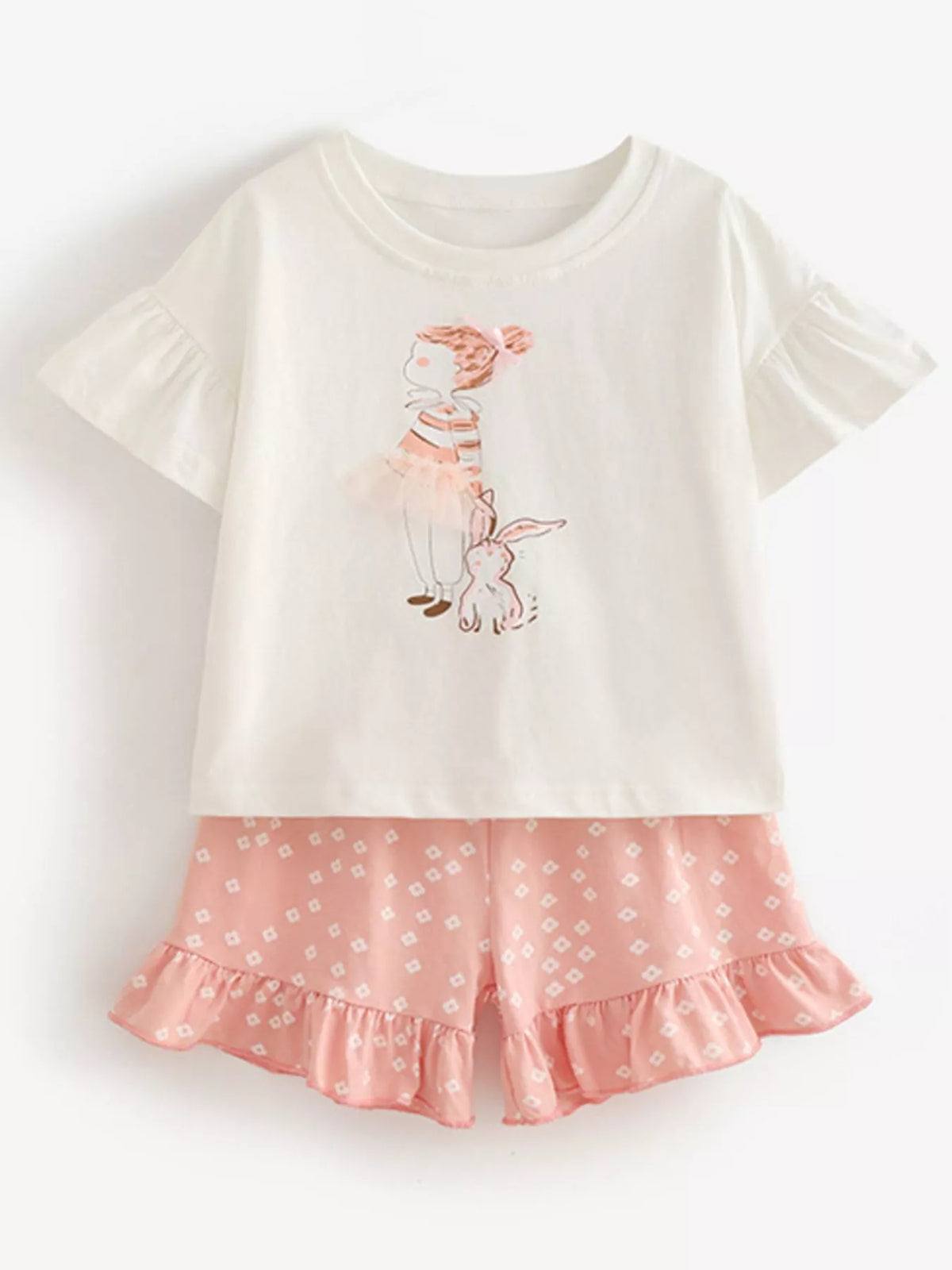Children's Ruffled Sleeve Graphic Tee & Floral Ruffle Shorts Set