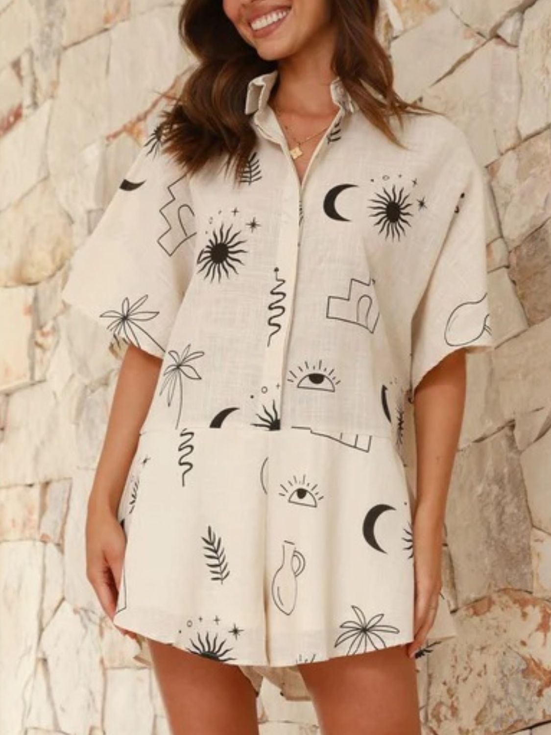 Printed Collared Neck Half Sleeve Romper - Ladyez