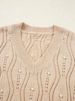 Pearl Beaded Pointelle Knit V Neck Lace Patchwork Sleeve Sweater