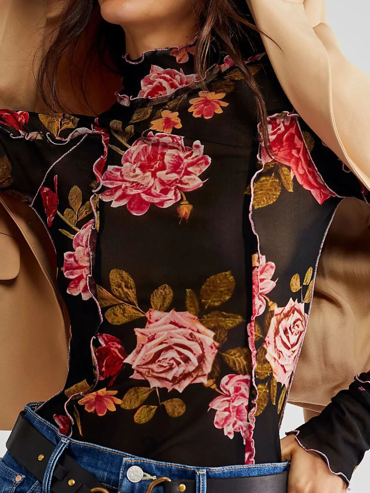 Floral Print Mock Neck Long Sleeve Top - Ladyez
