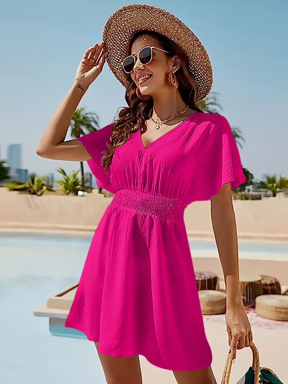 Smocked V-Neck Short Sleeve Dress - Ladyez