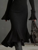 Ribbed Knit Zip Front Flare Hem Midi Dress