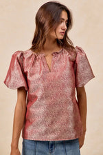 BiBi Jacquard Woven Short Balloon Sleeves V Neck Top