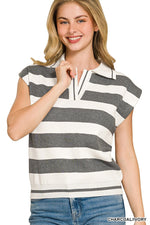 Zenana Viscose Striped Collared Sweater Vest