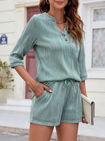 Textured Notched Top and Drawstring Shorts Set