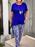 Full Size Round Neck Short Sleeve Top and Pants Set Plus Size