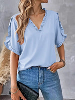 Ruffled V-Neck Short Sleeve Blouse - Ladyez