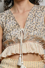 POL Shimmer Pattern Deep V Tie Front Tassel Ruffle Hem Sleeveless Crop Top