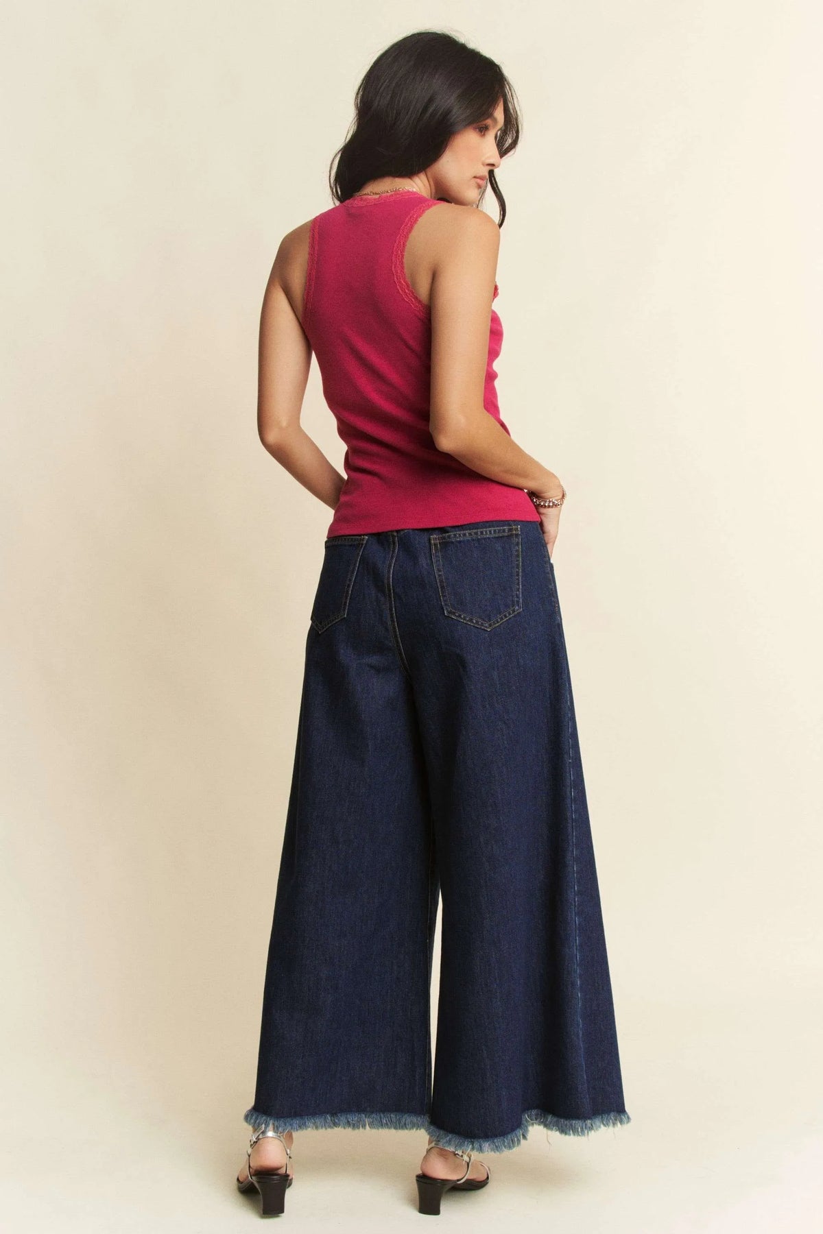 Davi & Dani Patch Pocket Wide Leg Culotte Jeans - Ladyez