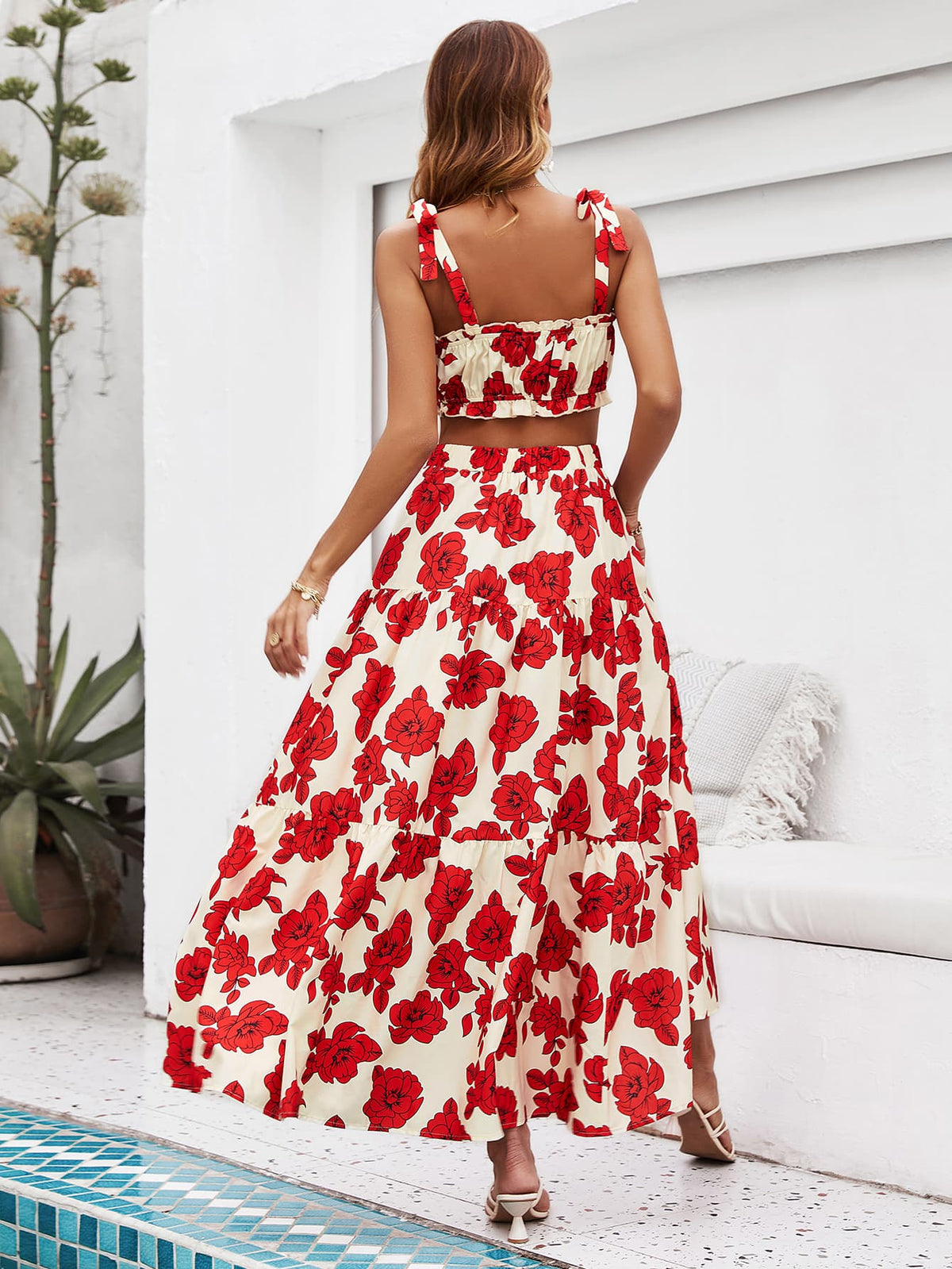 Honey Floral Tie Shoulder Top and Tiered Maxi Skirt Set - Ladyez