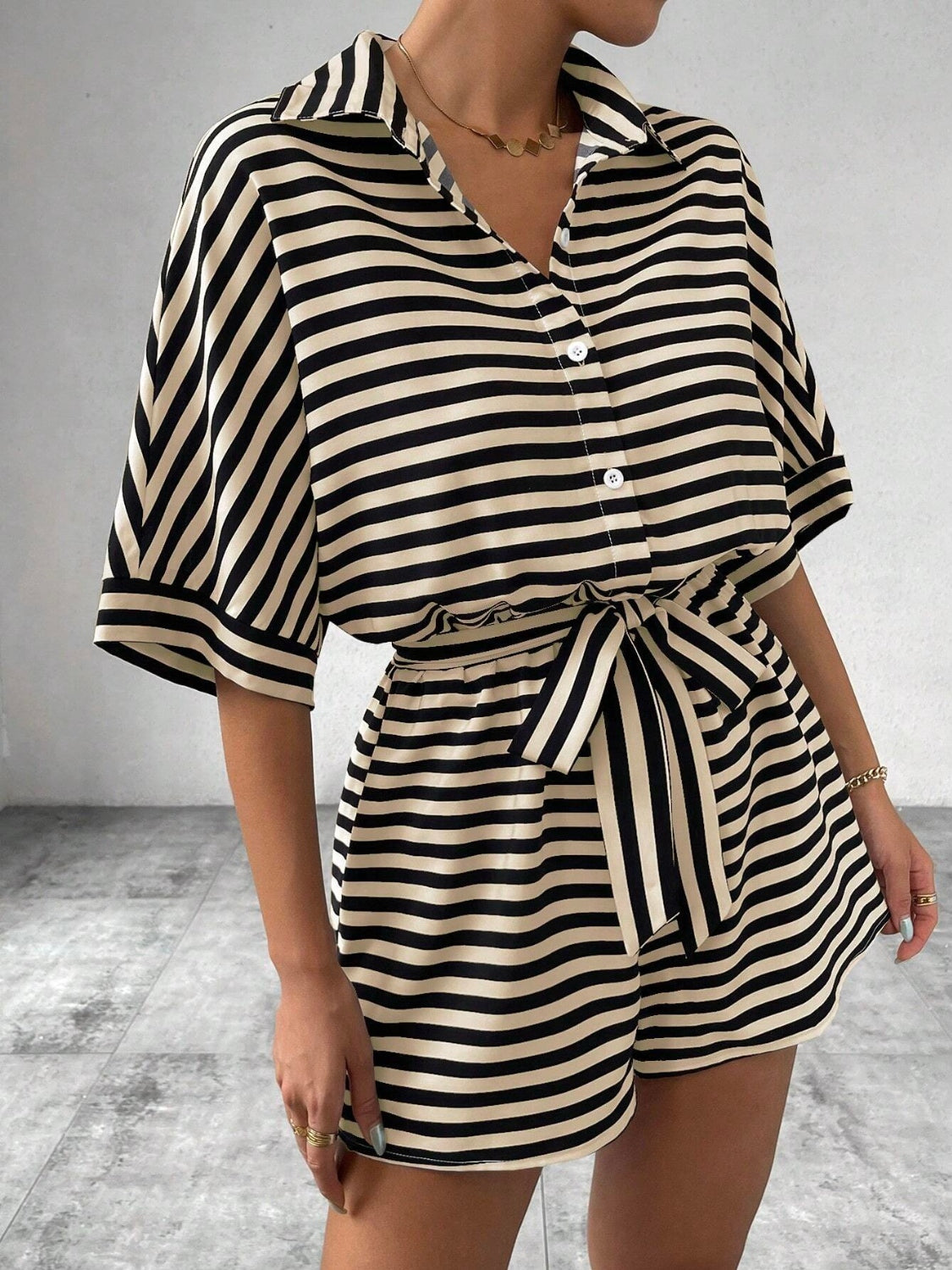 Tie Waist Half Button Striped Romper - Ladyez