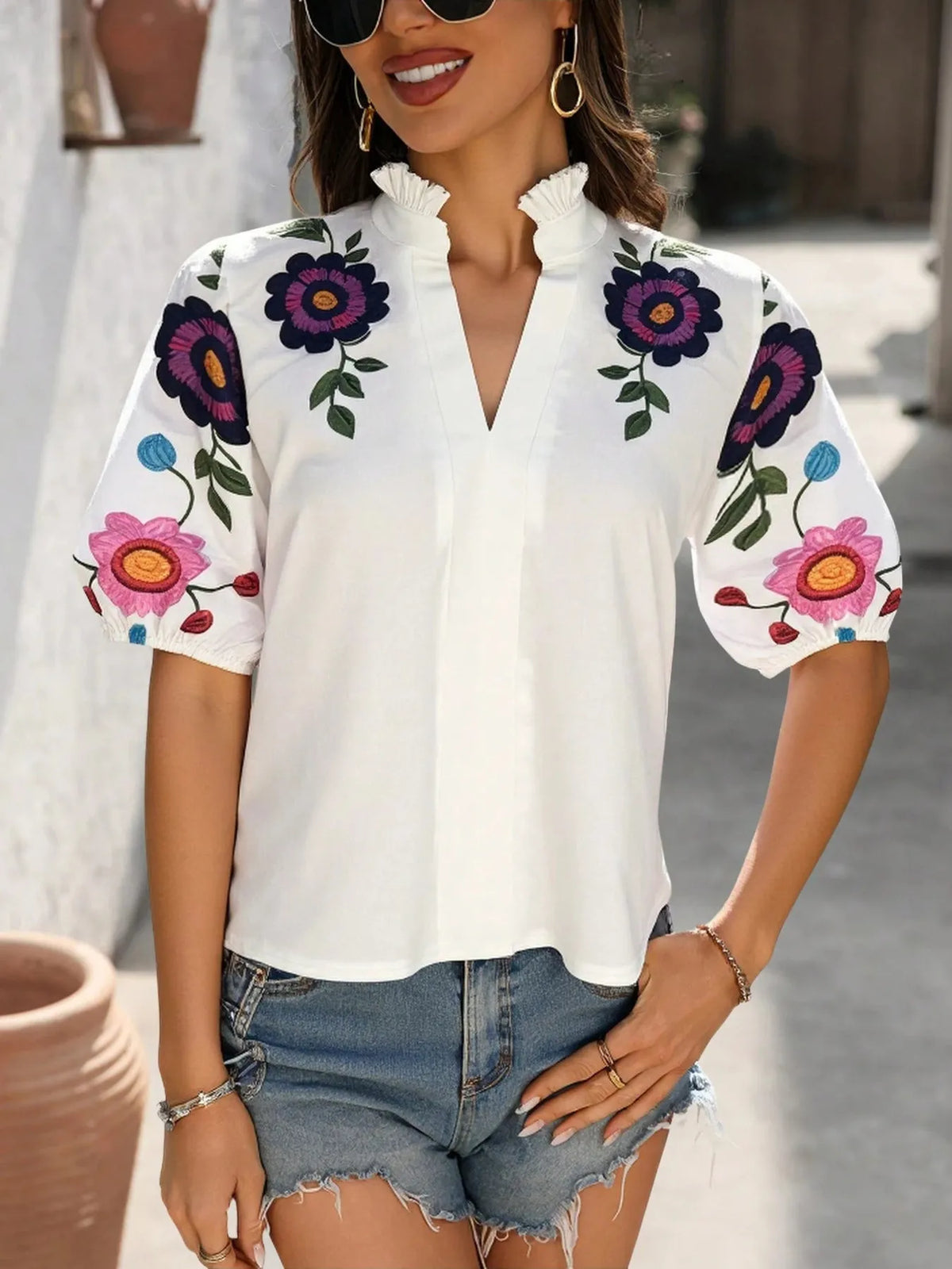 Floral Print Notched Puff Sleeve Blouse - Ladyez
