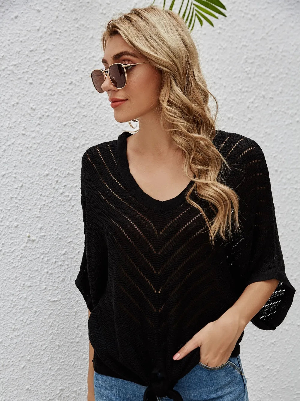 Openwork Batwing Sleeve Cover-Up - Ladyez