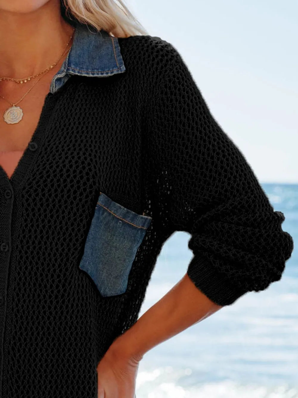 Side Slit Openwork Collared Neck Cover-Up - Ladyez