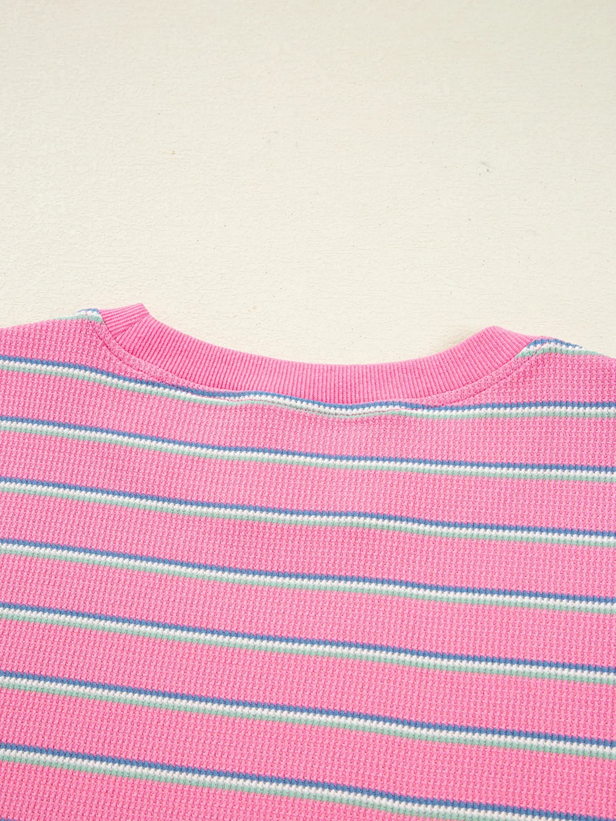 Stripe Textured Knit Round Neck Puff Sleeve Top