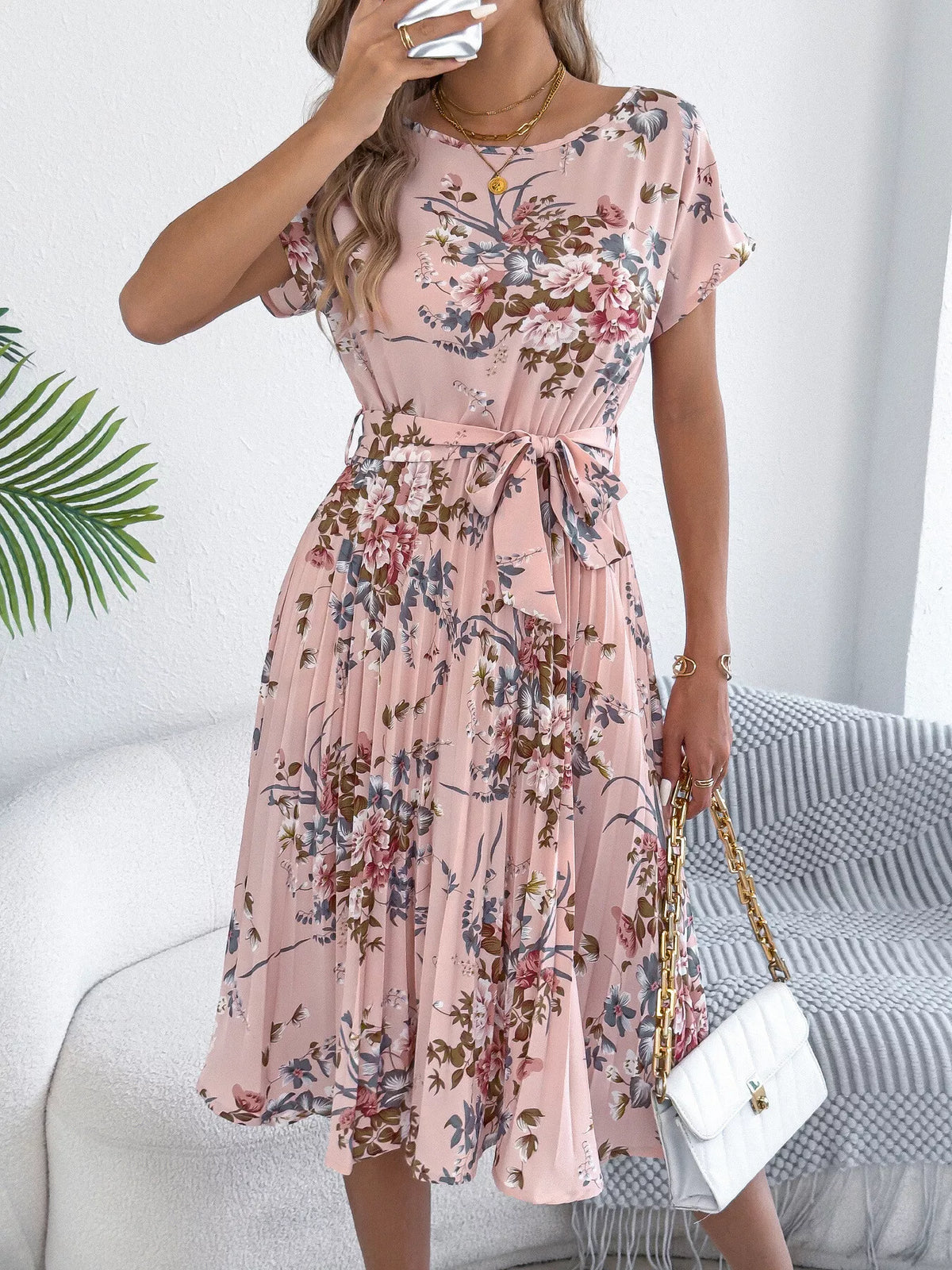 Floral Print Pleated A-Line Midi Dress