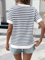 Striped Button Detail Short Sleeve Knit Top