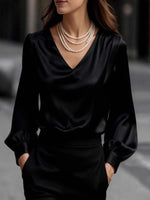 Satin V-Neck Long Sleeve Blouse