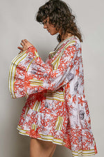 POL Striped Floral Long Sleeve Mini Dress with Pintuck Detail