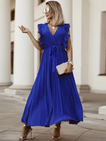 Tied Surplice Cap Sleeve Pleated Dress - Ladyez