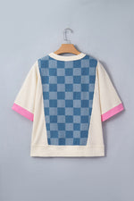 Checkered Denim Patchwork Short Sleeve Loose Top