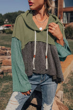 Color Block Waffle Knit Raw Hem Hoodie