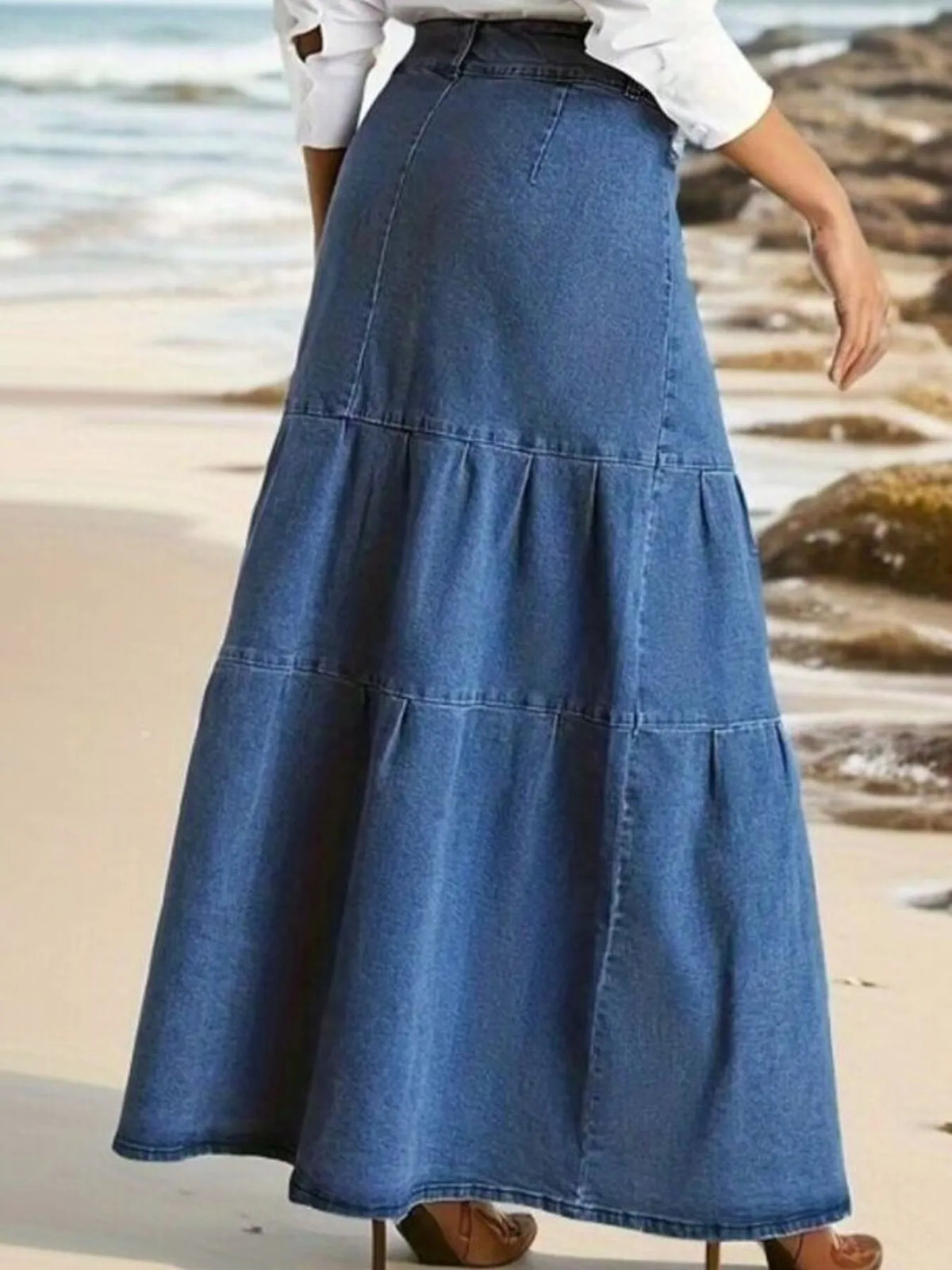 Tiered Maxi Denim Skirt with Zipper Detail - Ladyez