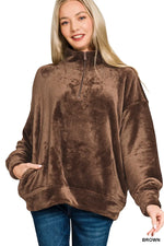 Zenana Faux Fur Half Zip Pocket Pullover