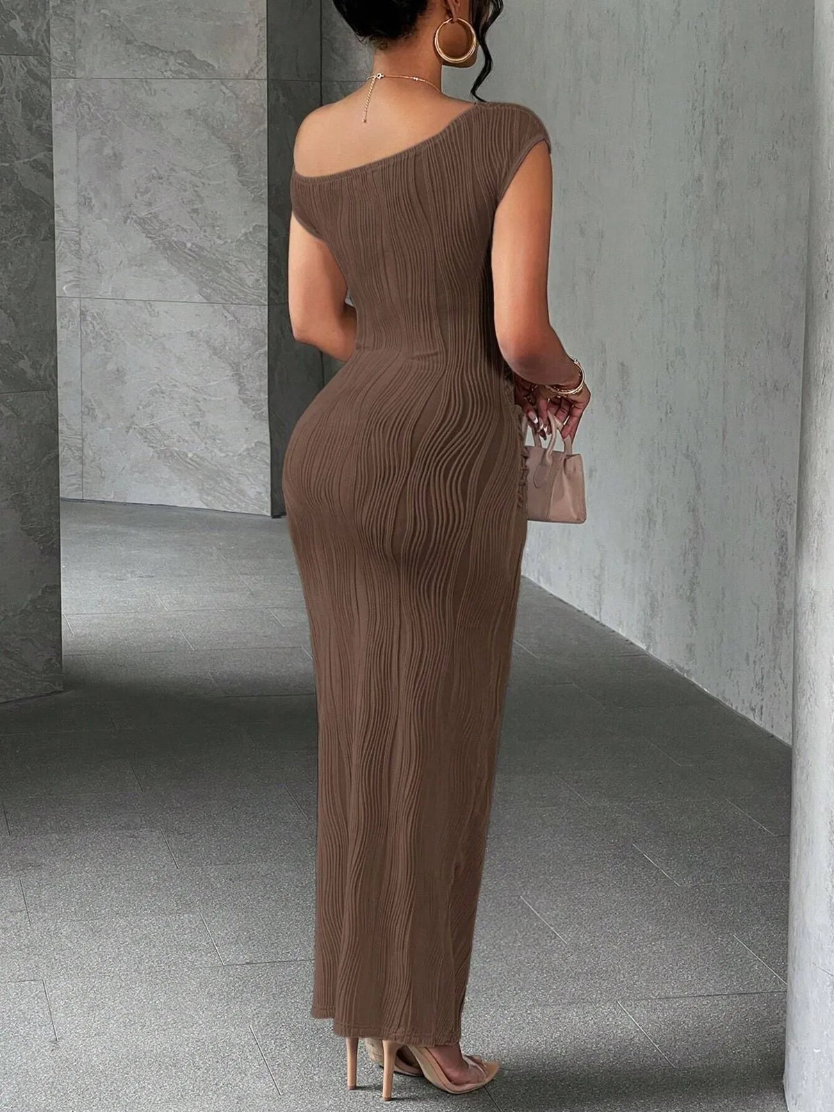 Textured Single Shoulder Bodycon Maxi Dress - Ladyez