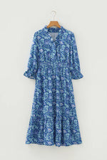 Floral Printed Frilled V Neck Bracelet Sleeve Long Dress