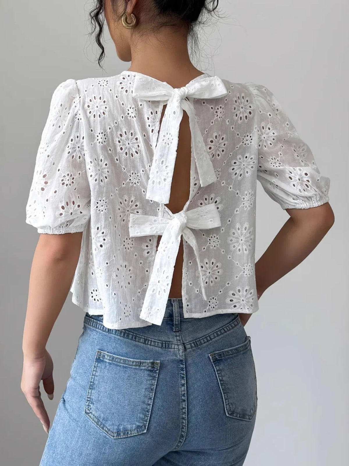 Eyelet Embroidered Puff Sleeve Tie-Back Blouse - Ladyez