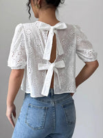 Eyelet Embroidered Puff Sleeve Tie-Back Blouse - Ladyez