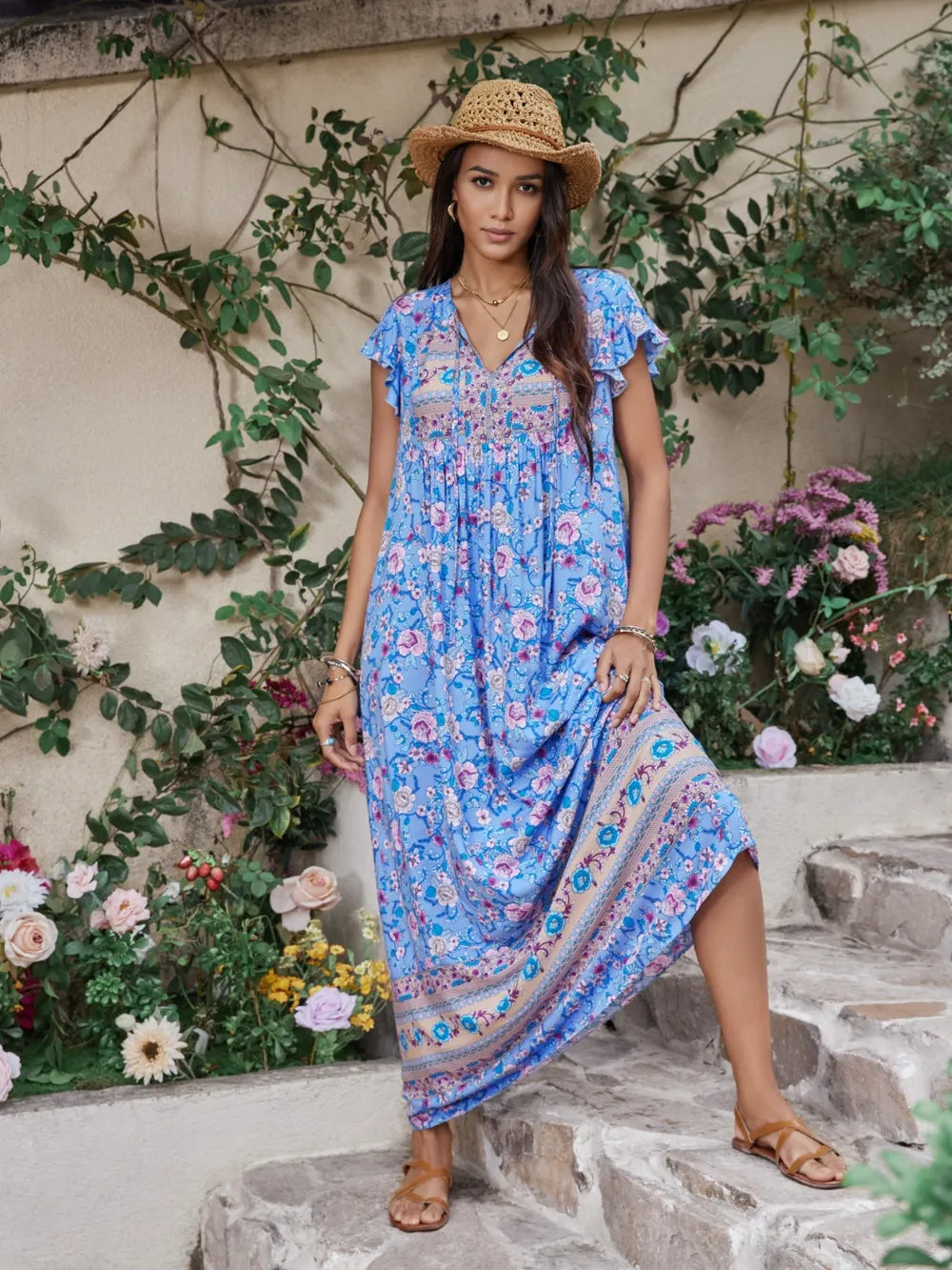 Ruffled Printed Tie Neck Cap Sleeve Dress - Ladyez