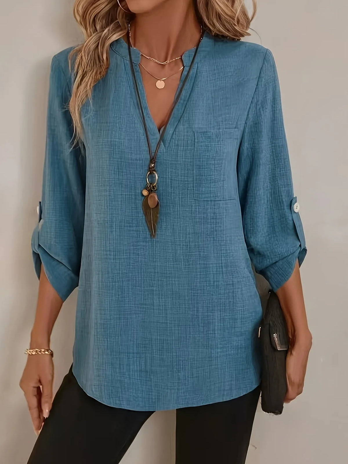 Notched Roll-Tab Sleeves Blouse - Ladyez